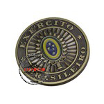 Medalha em relevo - Medalha gravada em alto relevo de metal e personalizada, com formato redondo e banho bronzeado com aplicao de 02 cores.