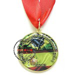 Medalha Adesivada/Resinada - Medalha de metal dourado com adesivo e resina aplicados, montada com fita de cetim para pescoo.