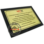Placa de reconhecimento - Placa de reconhecimento em lato dourado, gravado e sobreposta em base de acrlico preto.
